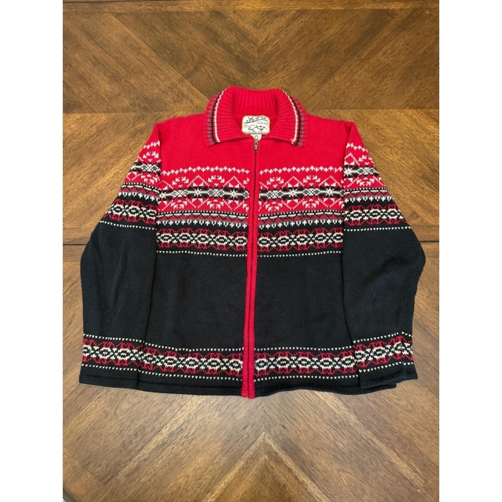 Heirloom Collectibles Vintage Fair Isle Zip Up Cardigan Sweater Red Black Medium